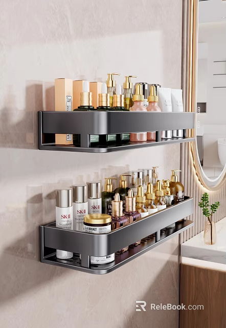 Black Two Tier Wall Mounted Bathroom Shelf With Skincare Products 3d model 
