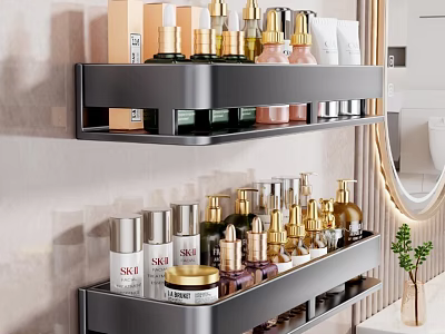 Black Two Tier Wall Mounted Bathroom Shelf With Skincare Products 3d model
