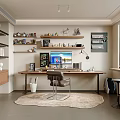 Modern Home Office With Writing Desk Computer Monitors Floating Shelves And Area Rug