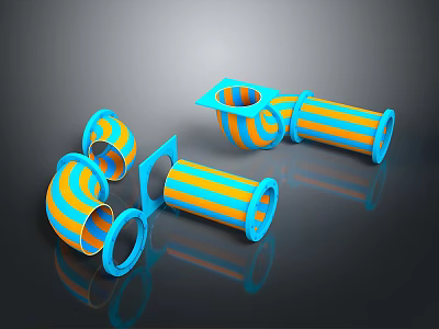 Blue And Orange Striped Construction Pipe Fittings With Various Shapes Curved Straight Square Jointed 3d model