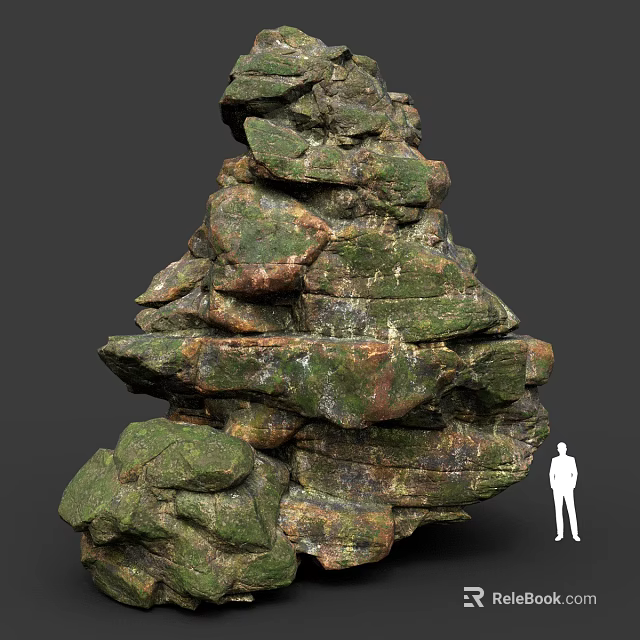 Large Stacked Rock Formation With Greenish Brown Mossy Surface Human Figure Model For Scale 3d model 