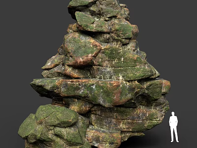 Large Stacked Rock Formation With Greenish Brown Mossy Surface Human Figure Model For Scale 3d model