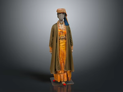 Traditional Clothing Ensemble With Green Robe Yellow Inner Dress And Decorative Hat 3d model