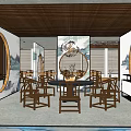 Modern Restaurant Open Space With Wooden Tables Chairs And Branch Texture Ceiling
