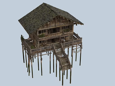 Traditional Ancient Wooden Building With Stilted Structure And Tiled Roof Design 3d model