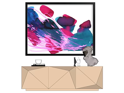 Abstract Colorful Painting On Wall With Geometric Cabinet And Decorative Sculptures 3d model