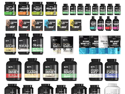 Sports Nutrition Supplement Jars and Packets with Whey Mass Casein Varieties 3d model