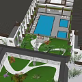 Chinese Garden Landscape With Traditional Architecture Lawn Pathway Rockery Stones And Purple Flowering Tree