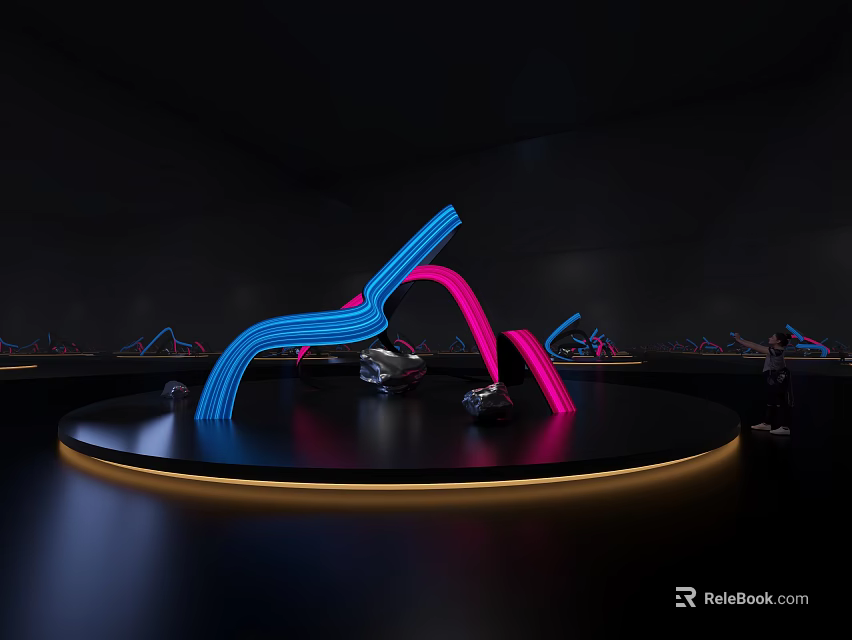Vibrant Neon Art Installation With Blue Pink Curved Lines On Circular Platform 3d model 