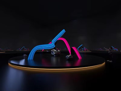 Vibrant Neon Art Installation With Blue Pink Curved Lines On Circular Platform 3d model