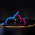 Vibrant Neon Art Installation With Blue Pink Curved Lines On Circular Platform
