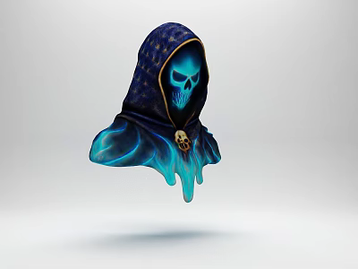 Game And Movie Character With Star Patterned Blue Hood Glowing Skull Eyes And Flame Shoulders 3d model