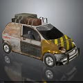 Rusty Small Car With Yellow Black Stripes Roof Rack Luggage And Silver Wheels