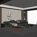 Modern Living Room Interior Featuring Black Leather Sofa Brown Armchair Coffee Table And Abstract Art