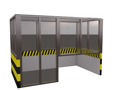 Industrial Safety Fence With Metal Frame Transparent Glass Panels And Yellow Black Warning Stripes 3d model