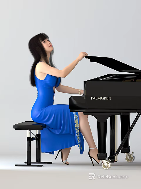 A woman in blue dress sitting on stool playing black PALMGREN piano 3d model 