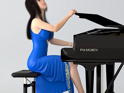 A woman in blue dress sitting on stool playing black PALMGREN piano 3d model
