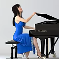 A woman in blue dress sitting on stool playing black PALMGREN piano