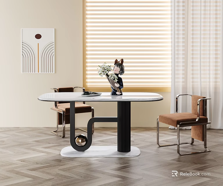 Minimalist Dining Table Set with Round White Tabletop Black Legs and Brown Cushion Metal Chairs 3d model 