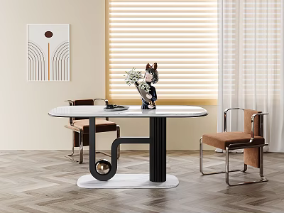 Minimalist Dining Table Set with Round White Tabletop Black Legs and Brown Cushion Metal Chairs 3d model