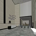 Elegant Front Desk Reception Area With Entrance Turnstiles Striped Walls And City Skyline Background