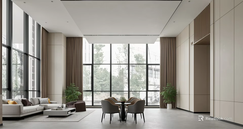 Modern Lounge Area With Large Windows Green Tree View Sofa Coffee Table And Plants 3d model 
