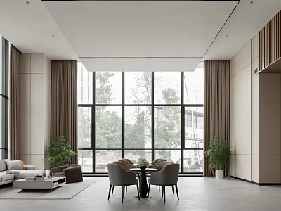 Modern Lounge Area With Large Windows Green Tree View Sofa Coffee Table And Plants 3d model