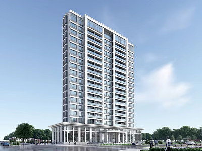 Modern High Rise Office Building With Glass Facade Grand Entrance And Landscaped Surroundings 3d model
