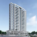 Modern High Rise Office Building With Glass Facade Grand Entrance And Landscaped Surroundings