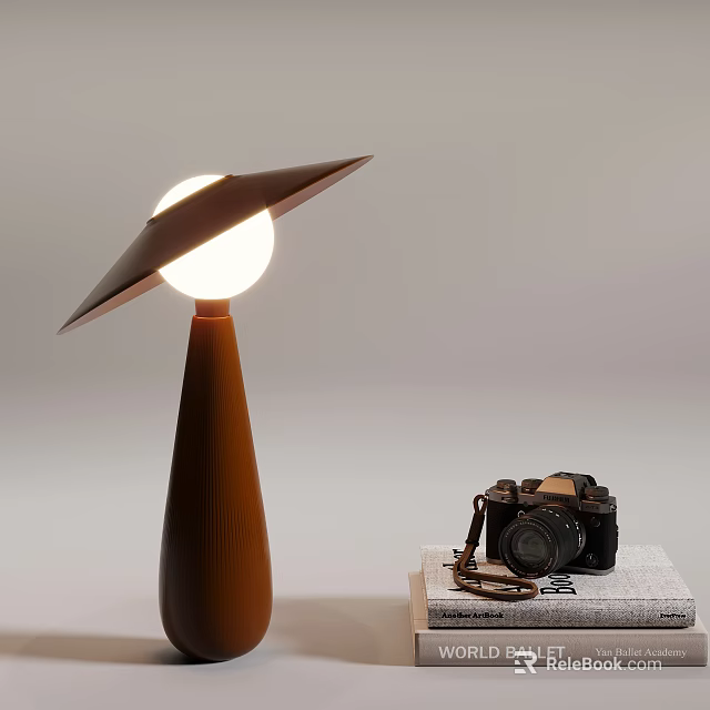 Modern Unique Table Lamp with Curved Wooden Base and Round Light Shade Alongside Vintage Camera on Books 3d model 