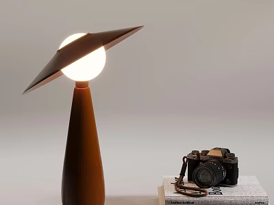 Modern Unique Table Lamp with Curved Wooden Base and Round Light Shade Alongside Vintage Camera on Books 3d model