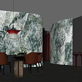 Elegant Modern Restaurant Interior With Floral Marble Walls Pendant Lamp Dining Table And Brown Chairs