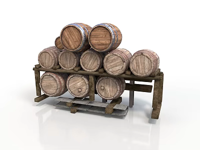 Vintage Stacked Wooden Barrels On Wooden Rack For Household Storage Use 3d model
