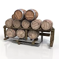 Vintage Stacked Wooden Barrels On Wooden Rack For Household Storage Use