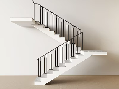 Modern Staircase With White Steps Black Metal Railings Minimalist Design White Wall Light Floor 3d model