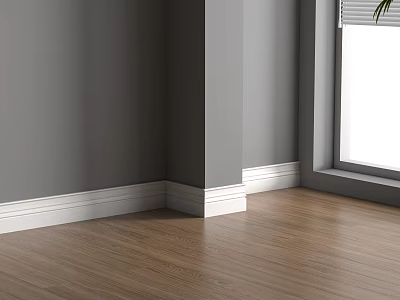 Interior Corner Lines With Gray Walls White Baseboards Wooden Floor Window Blinds And Green Leaf 3d model