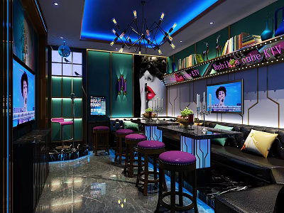 Modern KTV Interior With Bar Counter Purple Stools TV Screens And Blue Lighting 3d model