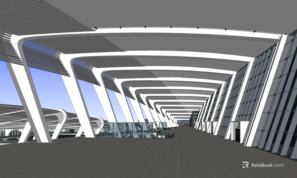 Modern Interior Space With White Arched Structures Glass Walls Spacious Corridor And Grid Ceiling 3d model 