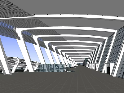 Modern Interior Space With White Arched Structures Glass Walls Spacious Corridor And Grid Ceiling 3d model