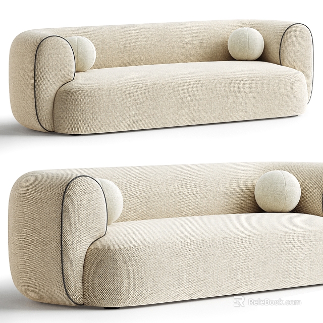 Beige Fabric Double Sofa With Rounded Armrests And Round Cushions 3d model 
