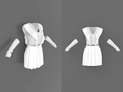 Elegant White Dress with Straps Pleated Skirt and Long Sleeves Gloves Set 3d model