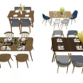 Modern Dining Table Set With Blue Gray Chairs Vase And Tableware 3d model