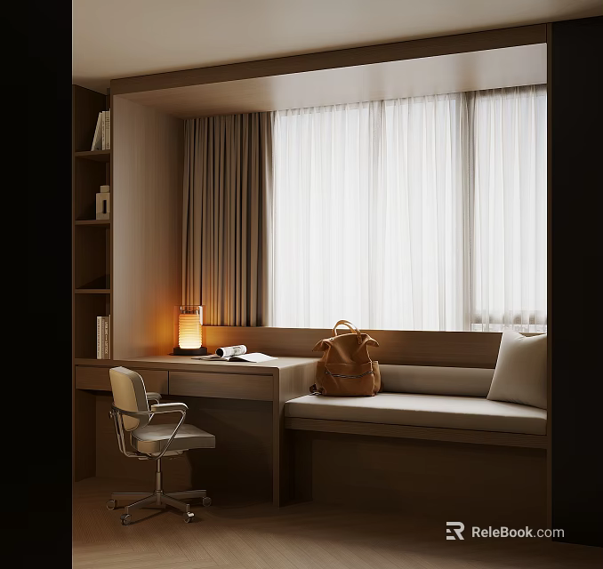 Cozy Bay Window Nook With Bookshelf Desk Chair Cushion Pillow Backpack And White Curtains 3d model 