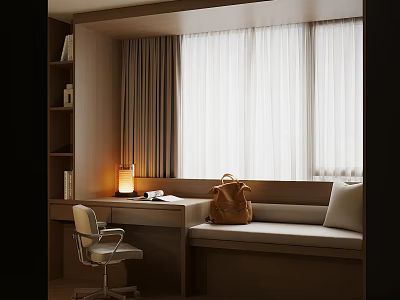 Cozy Bay Window Nook With Bookshelf Desk Chair Cushion Pillow Backpack And White Curtains 3d model