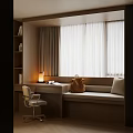 Cozy Bay Window Nook With Bookshelf Desk Chair Cushion Pillow Backpack And White Curtains