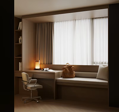 Cozy Bay Window Nook With Bookshelf Desk Chair Cushion Pillow Backpack And White Curtains 3d model