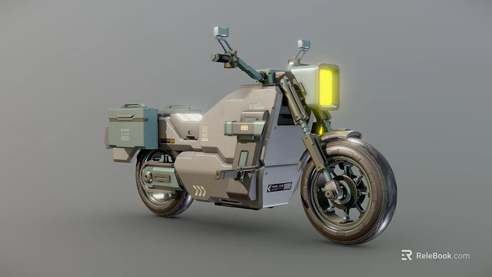 Futuristic Metallic Gray Motorcycle With Yellow Front Light And Side Storage Box 3d model 