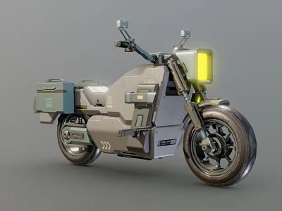 Futuristic Metallic Gray Motorcycle With Yellow Front Light And Side Storage Box 3d model