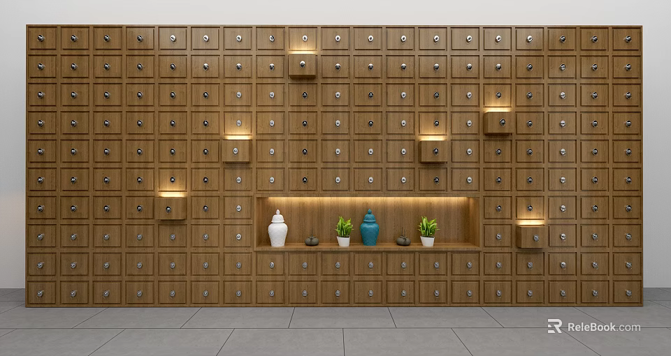 Wooden Display Shelves with Small Compartments and Built in Lighting Decorative Vases and Potted Plants 3d model 