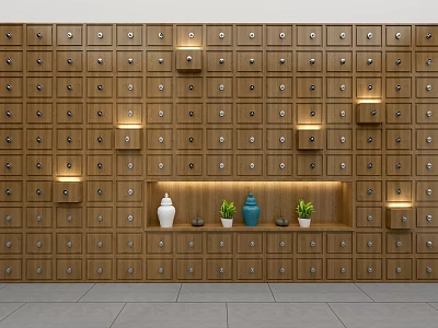 Wooden Display Shelves with Small Compartments and Built in Lighting Decorative Vases and Potted Plants 3d model